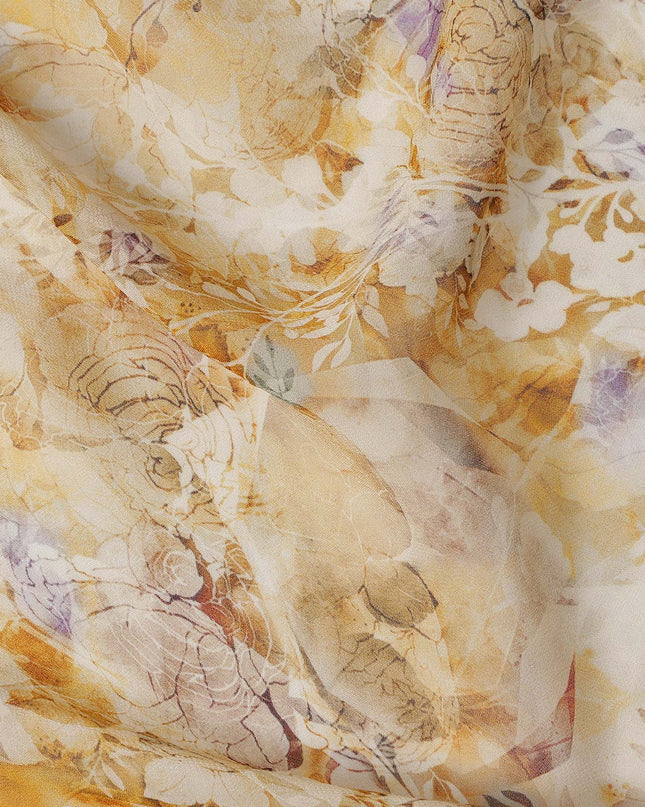 Mustard Yellow and Beige Abstract Floral Printed Viscose Georgette Fabric with Subtle Pastel Accents and Leafy Design, 110 Cms Width, Made in India-D25883 Regal Fabrics