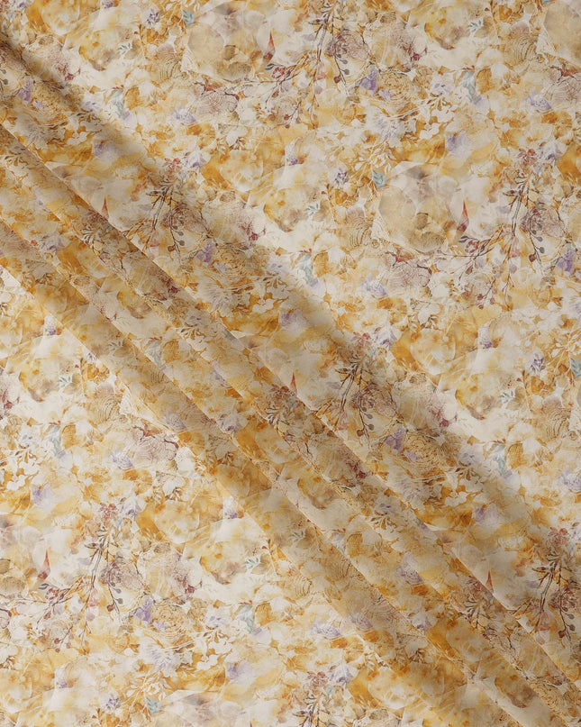 Mustard Yellow and Beige Abstract Floral Printed Viscose Georgette Fabric with Subtle Pastel Accents and Leafy Design, 110 Cms Width, Made in India-D25883 Regal Fabrics