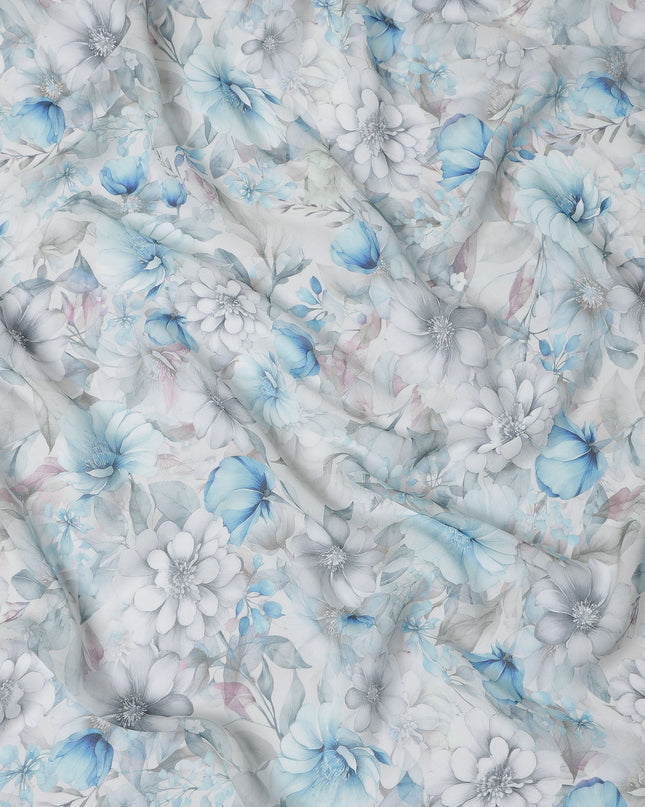 Grey and Aqua Blue Floral Printed Viscose Georgette Fabric with Soft Pastel Blossoms and Leafy Detailing, 110 Cms Width, Made in India-D25871
