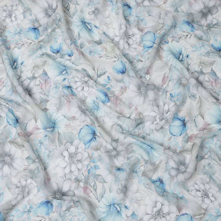 Grey and Aqua Blue Floral Printed Viscose Georgette Fabric with Soft Pastel Blossoms and Leafy Detailing, 110 Cms Width, Made in India-D25871