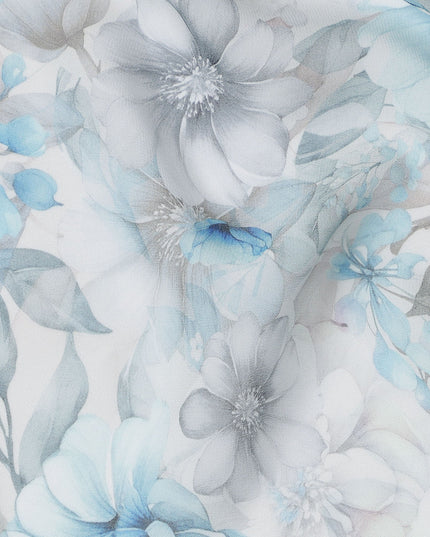 Grey and Aqua Blue Floral Printed Viscose Georgette Fabric with Soft Pastel Blossoms and Leafy Detailing, 110 Cms Width, Made in India-D25871