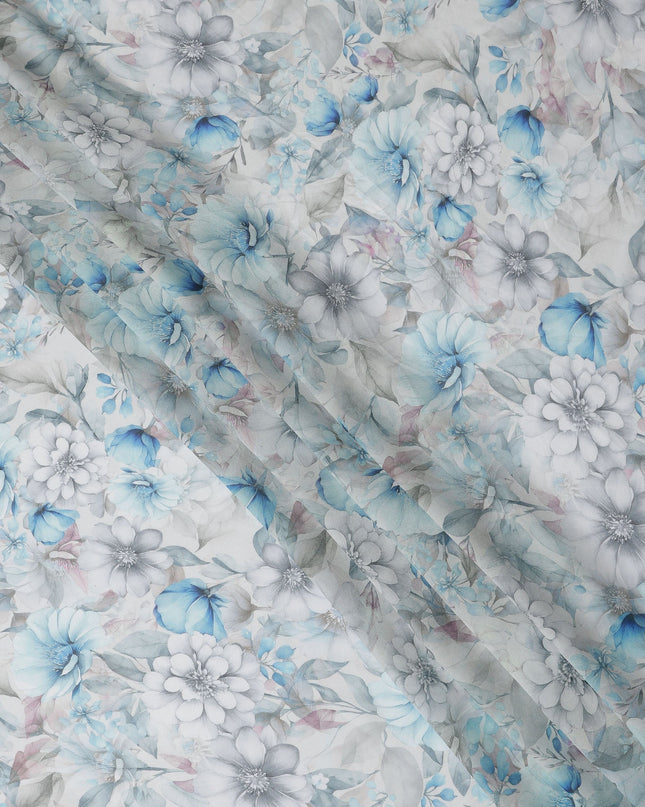 Grey and Aqua Blue Floral Printed Viscose Georgette Fabric with Soft Pastel Blossoms and Leafy Detailing, 110 Cms Width, Made in India-D25871