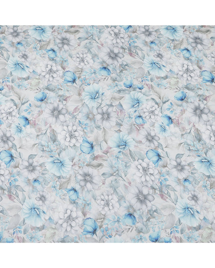 Grey and Aqua Blue Floral Printed Viscose Georgette Fabric with Soft Pastel Blossoms and Leafy Detailing, 110 Cms Width, Made in India-D25871