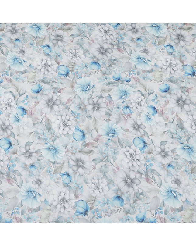 Grey and Aqua Blue Floral Printed Viscose Georgette Fabric with Soft Pastel Blossoms and Leafy Detailing, 110 Cms Width, Made in India-D25871