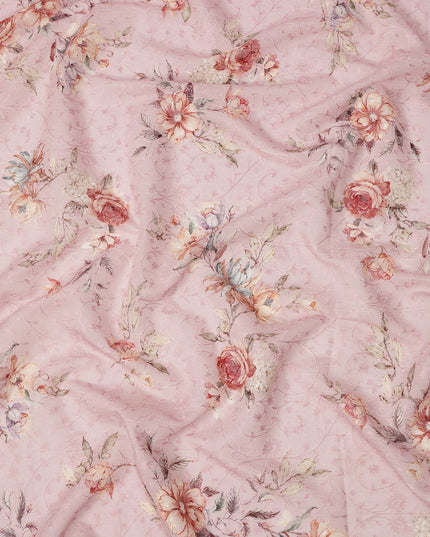 Baby Pink Floral Printed Viscose Cotton Fabric, 110 Cms Width, India-D24824