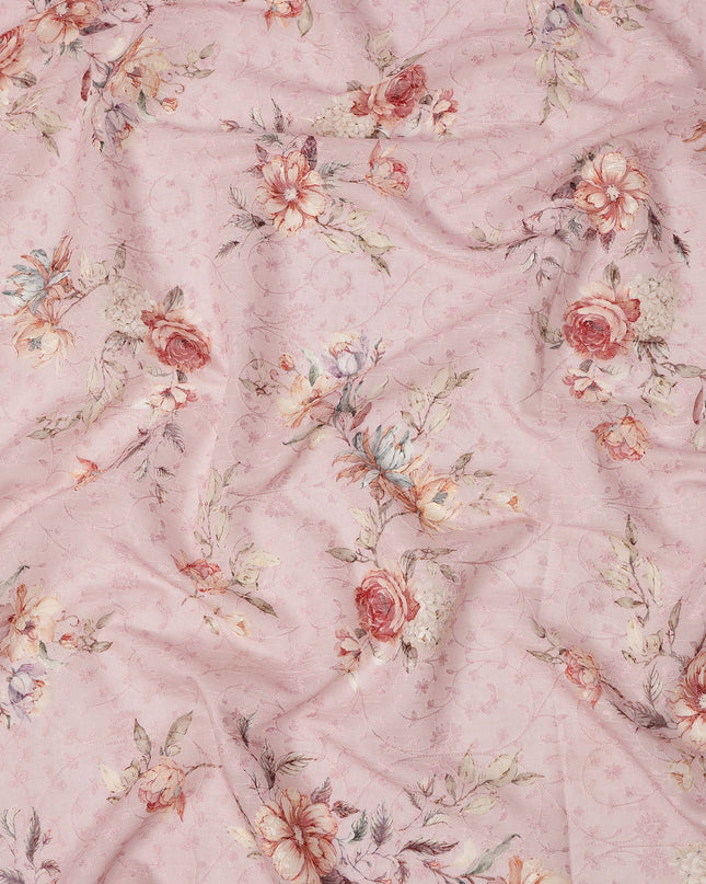 Baby Pink Floral Printed Viscose Cotton Fabric, 110 Cms Width, India-D24824
