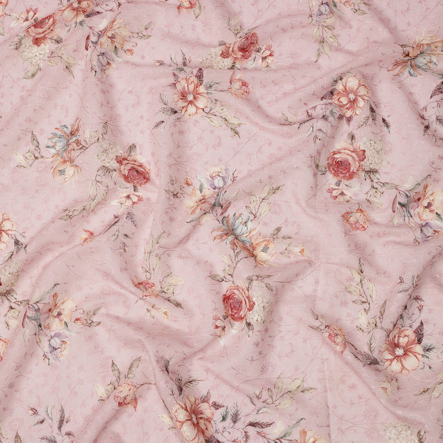 Baby Pink Floral Printed Viscose Cotton Fabric, 110 Cms Width, India-D24824