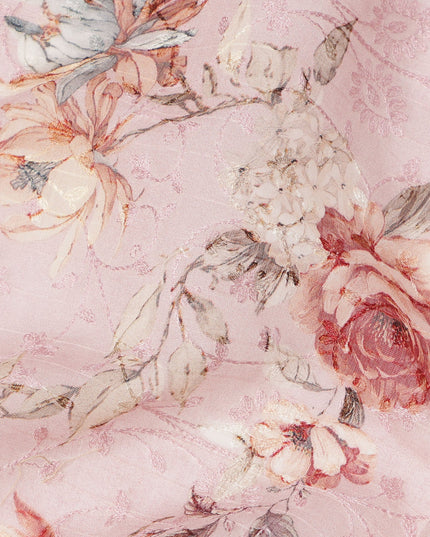 Baby Pink Floral Printed Viscose Cotton Fabric, 110 Cms Width, India-D24824