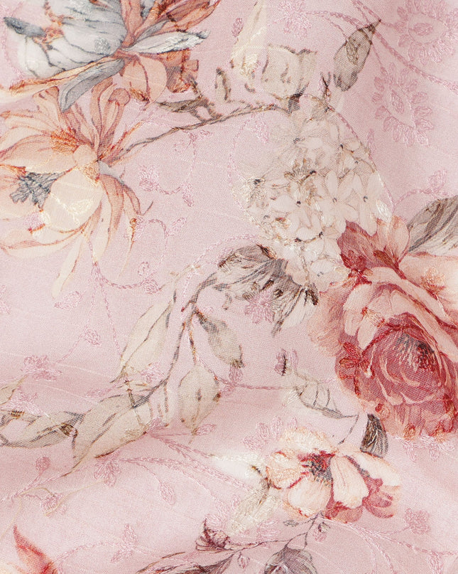 Baby Pink Floral Printed Viscose Cotton Fabric, 110 Cms Width, India-D24824