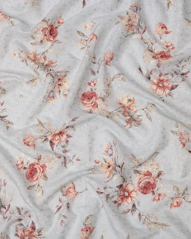 Light Blue Floral Printed Viscose Cotton Fabric, 110 Cms Width, India-D24823
