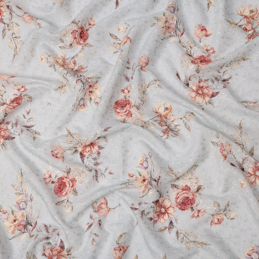 Light Blue Floral Printed Viscose Cotton Fabric, 110 Cms Width, India-D24823