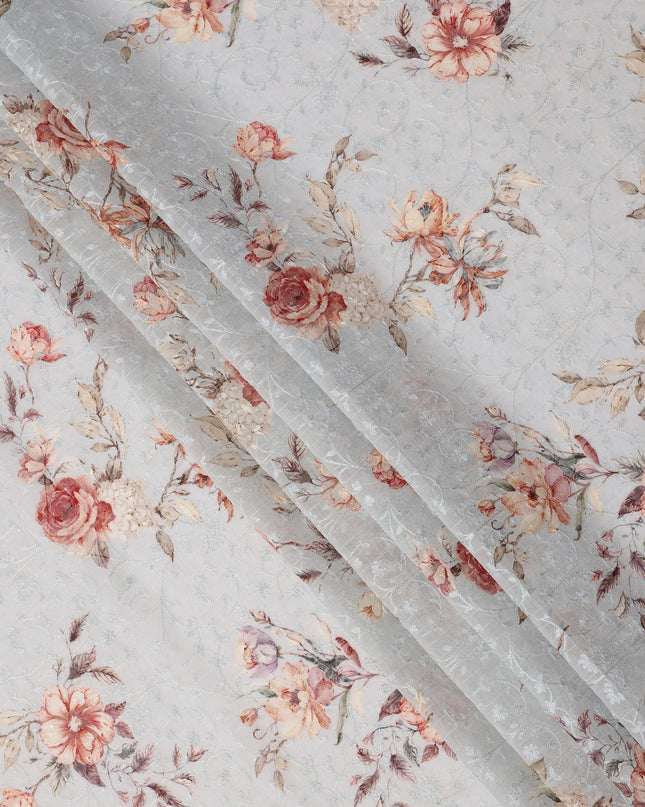 Light Blue Floral Printed Viscose Cotton Fabric, 110 Cms Width, India-D24823