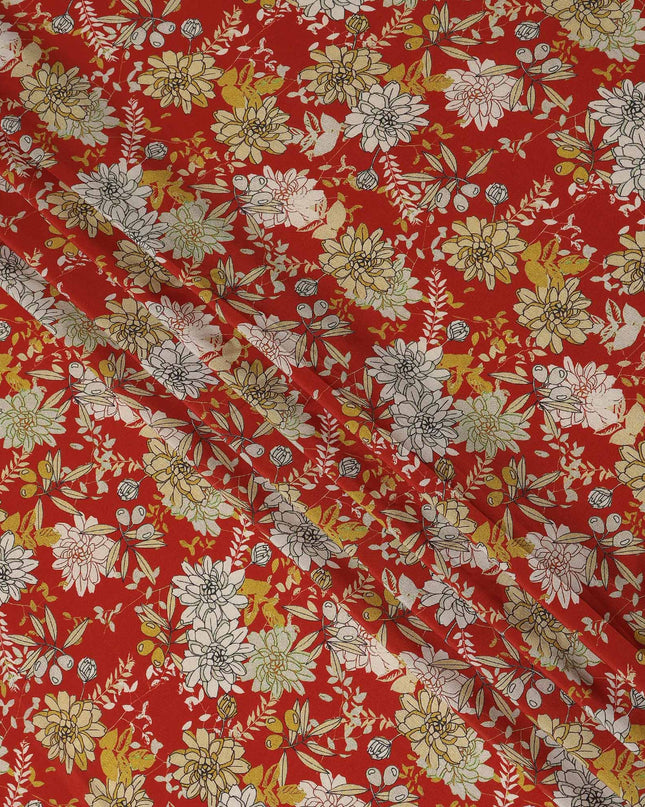 Red Floral Pure Silk Crepe Fabric 110cm - 1104805
