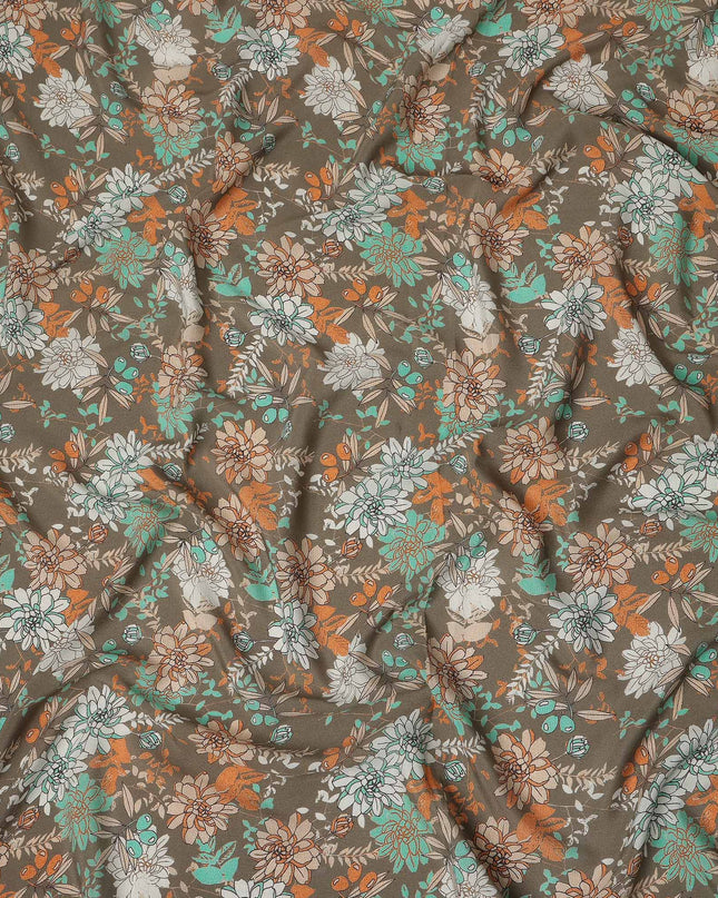Brown Floral Pure Silk Crepe Fabric 110cm - 1104812