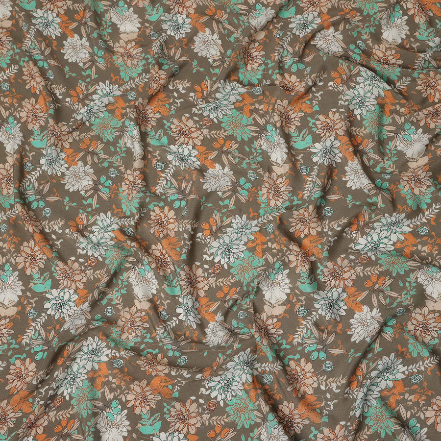 Brown Floral Pure Silk Crepe Fabric 110cm - 1104812