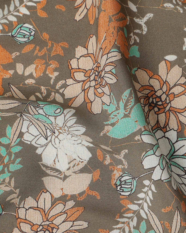 Brown Floral Pure Silk Crepe Fabric 110cm - 1104812