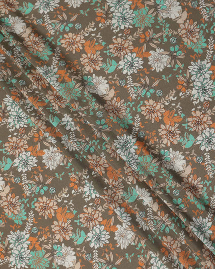 Brown Floral Pure Silk Crepe Fabric 110cm - 1104812
