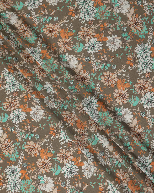 Brown Floral Pure Silk Crepe Fabric 110cm - 1104812