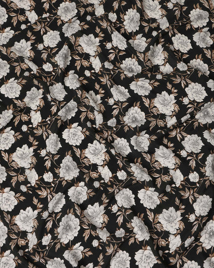Black Floral Pure Silk Crepe Fabric 110cm - 1104843