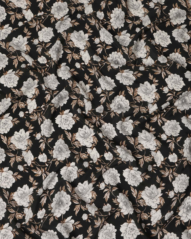 Black Floral Pure Silk Crepe Fabric 110cm - 1104843