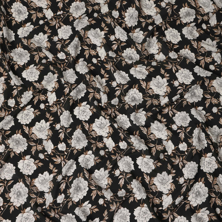 Black Floral Pure Silk Crepe Fabric 110cm - 1104843