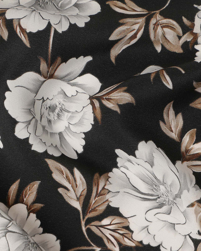 Black Floral Pure Silk Crepe Fabric 110cm - 1104843