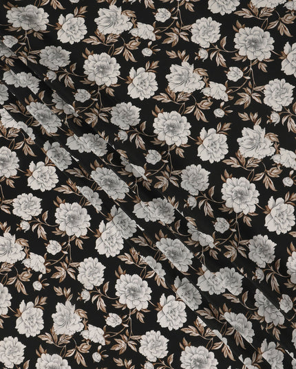 Black Floral Pure Silk Crepe Fabric 110cm - 1104843