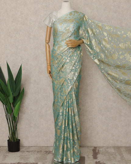 Sea Green Premium French Silk Chiffon Saree With Gold Woven Floral Motifs 5.5 Mtrs Length 110 Cms Width Lightweight Elegant Fabric From France Blouse Not Included-D27232
