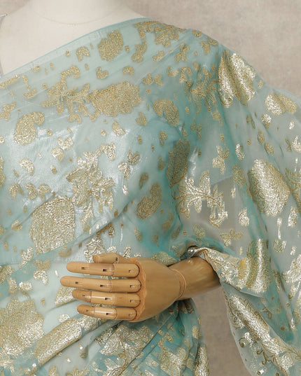 Sea Green Premium French Silk Chiffon Saree With Gold Woven Floral Motifs 5.5 Mtrs Length 110 Cms Width Lightweight Elegant Fabric From France Blouse Not Included-D27232