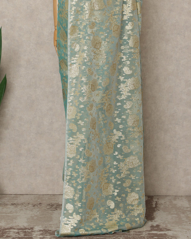 Sea Green Premium French Silk Chiffon Saree With Gold Woven Floral Motifs 5.5 Mtrs Length 110 Cms Width Lightweight Elegant Fabric From France Blouse Not Included-D27232