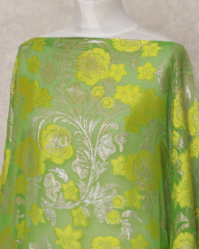 Lime Green Fransawi Metallic Lurex Somali Silk Chiffon Dirac Fabric – 3.5 Meters, Width 140 cm, Made in France-D24745