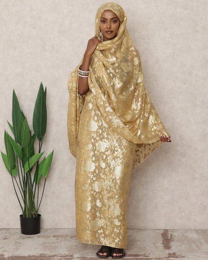 Golden Beige Fransawi Silk Chiffon Thobe with Metallic Lurex Design, 4.5 Mtrs Length, Width 110 Cms, France-D24397
