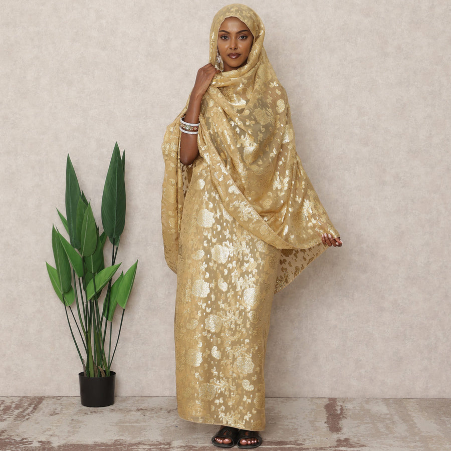 Golden Beige Fransawi Silk Chiffon Thobe with Metallic Lurex Design, 4.5 Mtrs Length, Width 110 Cms, France-D24397