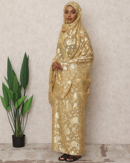 Golden Beige Fransawi Silk Chiffon Thobe with Metallic Lurex Design, 4.5 Mtrs Length, Width 110 Cms, France-D24397