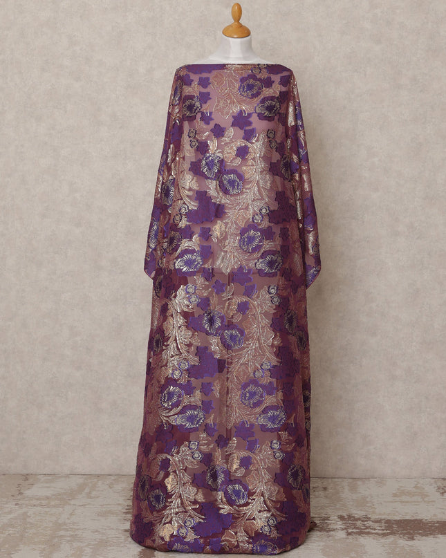 Purple Fransawi Metallic Lurex Floral Somali Silk Chiffon Dirac Fabric – 3.5 Meters, Width 140 cm, Made in France-D24754