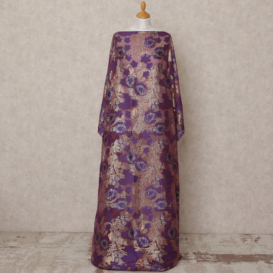 Purple Fransawi Metallic Lurex Floral Somali Silk Chiffon Dirac Fabric – 3.5 Meters, Width 140 cm, Made in France-D24754