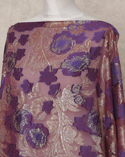 Purple Fransawi Metallic Lurex Floral Somali Silk Chiffon Dirac Fabric – 3.5 Meters, Width 140 cm, Made in France-D24754