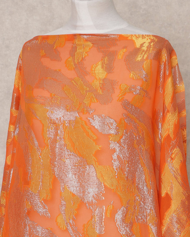 Orange Fransawi Metallic Lurex Abstract Somali Silk Chiffon Dirac Fabric – 3.5 Meters, Width 140 cm, Made in France-D24757