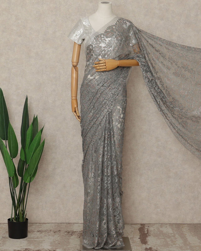 Grey French Metallic Chantilly Lace Saree