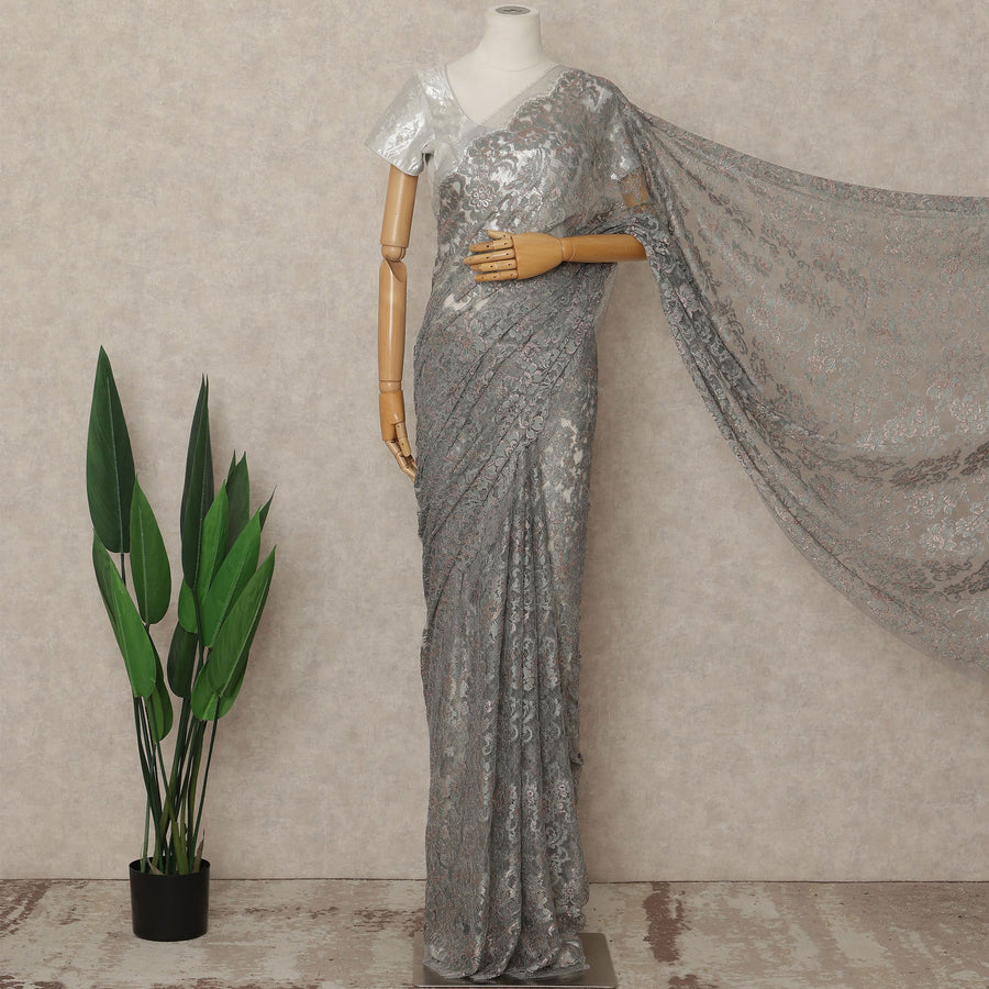 Grey French Metallic Chantilly Lace Saree