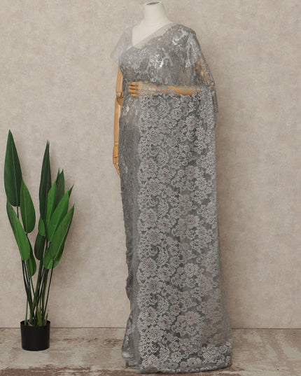 Grey French Metallic Chantilly Lace Saree