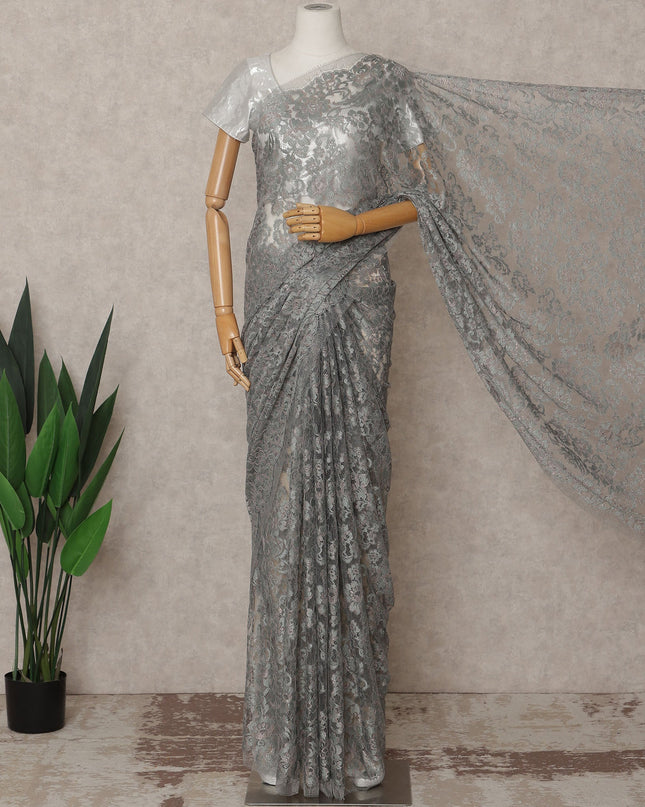 Silver Grey Premium French Metallic Chantilly Lace Saree – 5.5 Meters Length, 110 Cms Width, Crafted in France-D26115