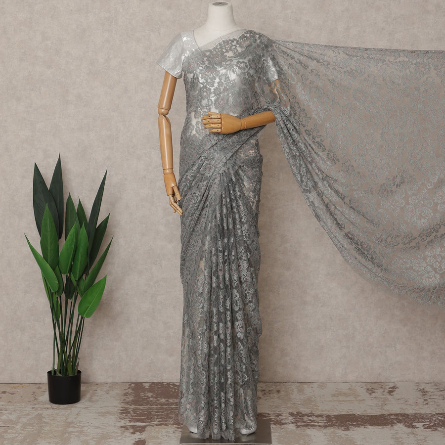 Silver Grey Premium French Metallic Chantilly Lace Saree – 5.5 Meters Length, 110 Cms Width, Crafted in France-D26115
