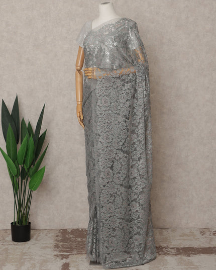 Silver Grey Premium French Metallic Chantilly Lace Saree – 5.5 Meters Length, 110 Cms Width, Crafted in France-D26115