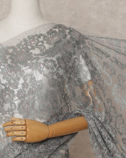 Silver Grey Premium French Metallic Chantilly Lace Saree – 5.5 Meters Length, 110 Cms Width, Crafted in France-D26115
