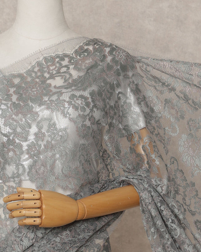 Silver Grey Premium French Metallic Chantilly Lace Saree – 5.5 Meters Length, 110 Cms Width, Crafted in France-D26115