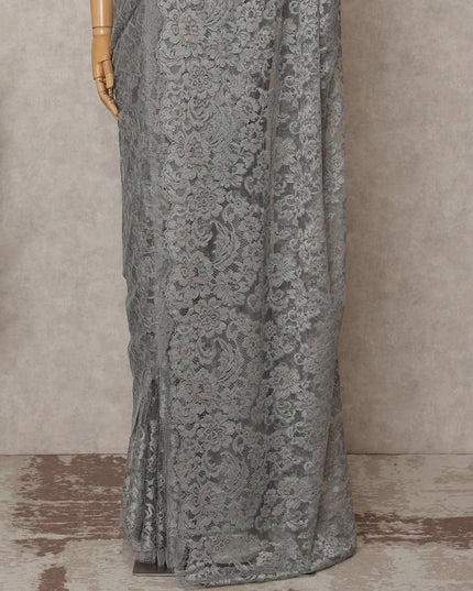 Silver Grey Premium French Metallic Chantilly Lace Saree – 5.5 Meters Length, 110 Cms Width, Crafted in France-D26115