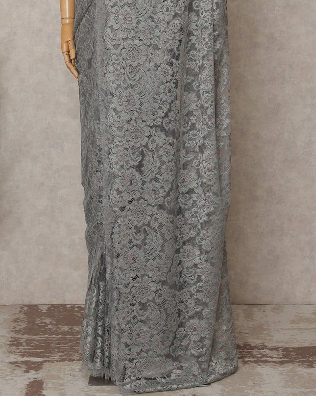 Silver Grey Premium French Metallic Chantilly Lace Saree – 5.5 Meters Length, 110 Cms Width, Crafted in France-D26115