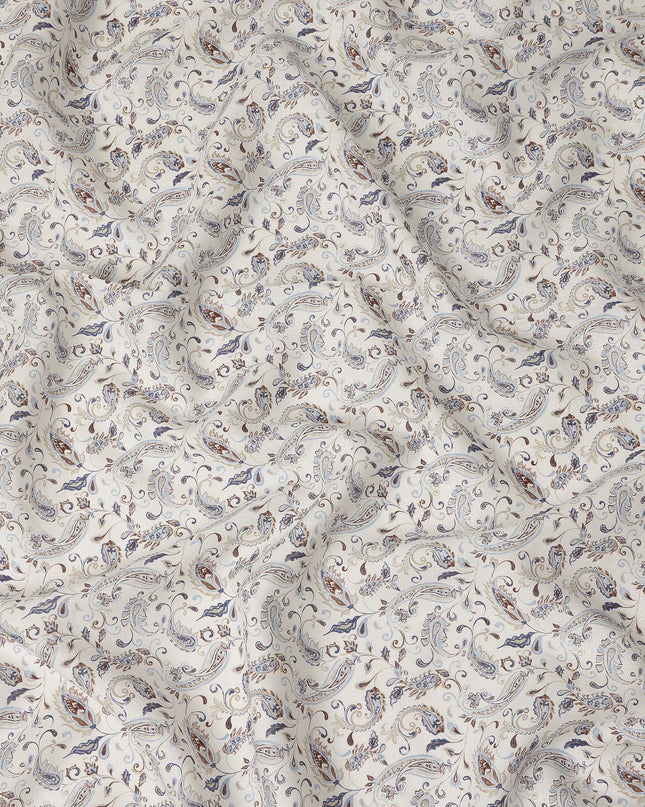 Ivory Blue Paisley Floral Vintage Print Pure Linen Fabric, Elegant Ornamental Paisley Printed Linen Material for Apparel Sewing Dressmaking Craft Textile, 140 Cms Width, Made In India-D28437