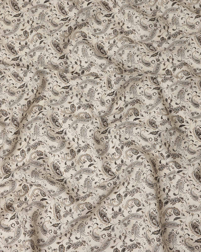 Cream Brown Paisley Floral Vintage Print Pure Linen Fabric, Elegant Ornamental Paisley Botanical Printed Linen Material for Apparel Sewing Dressmaking Craft Textile, 140 Cms Width, Made In India-D28438